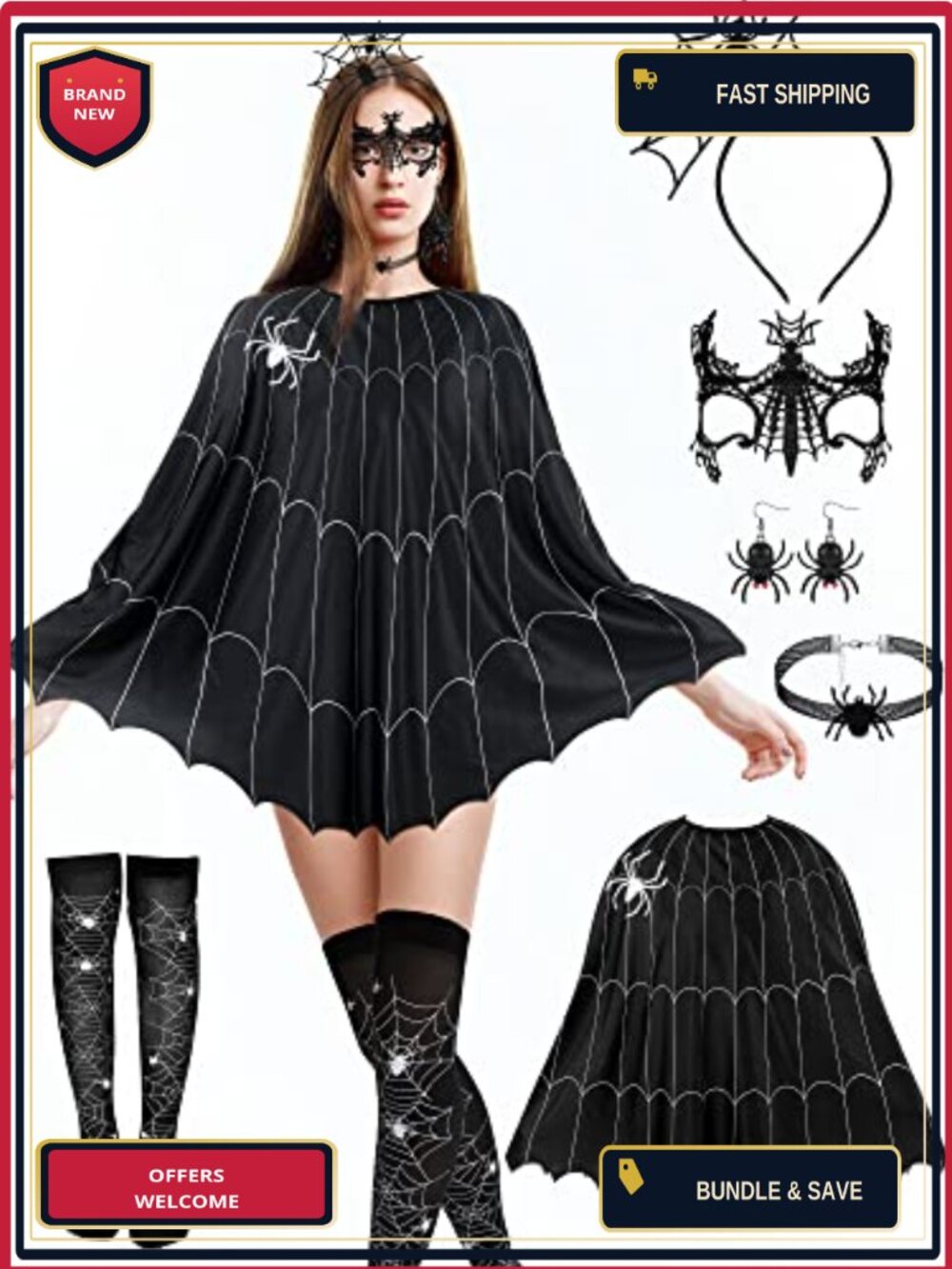 6 Pc Spider Costume Set Cape Mask Choker Stockings Halloween Cosplay